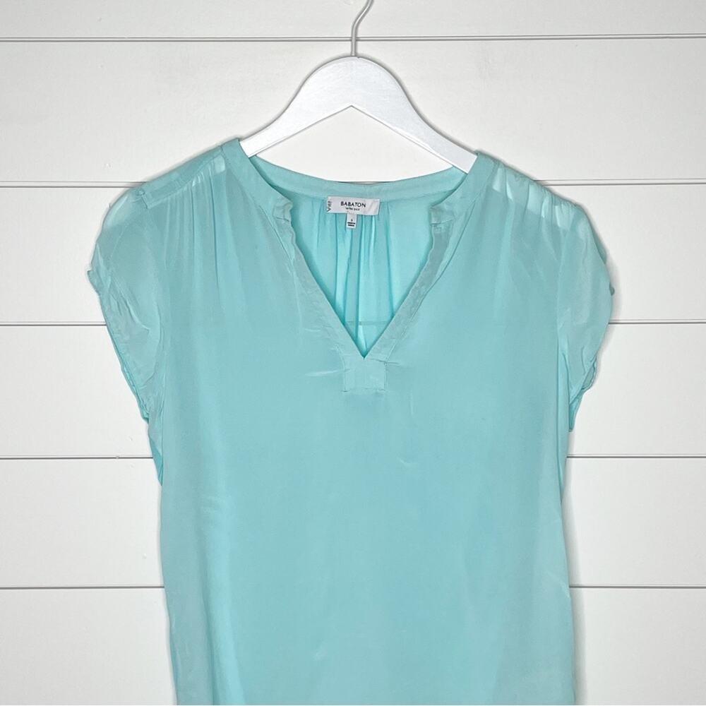Babaton Aritizia Split Neck Silk Front Cap Sleeve Blouse Aqua Blue Size Small - Picture 2 of 9